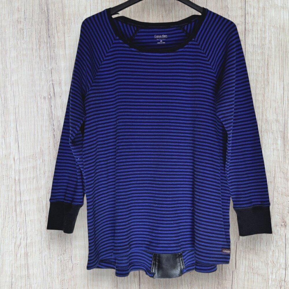 CALVIN KLEIN Performance Waffle Knit Blue Black Stripe Faux Leather Trim Top 2X
